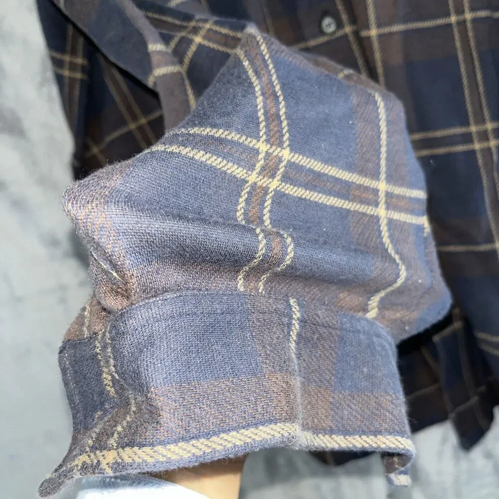 L.L. Bean Men Brown Navy Sz L Long Sleeve Button Up 100% Cotton Stretch‎ Vintage
